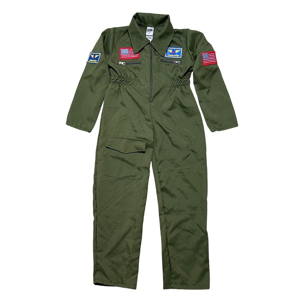 Fun Shack Kids Military Flight Suit Costume Olive Green Jumpsuit Size Medium
